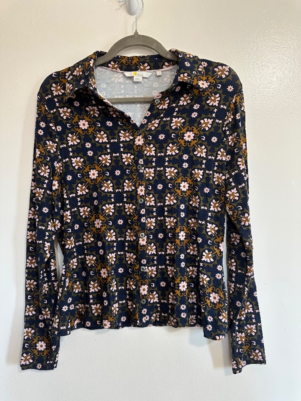 Boden Button Down Floral Print Collared Shirt, Jersey Knit, US 10